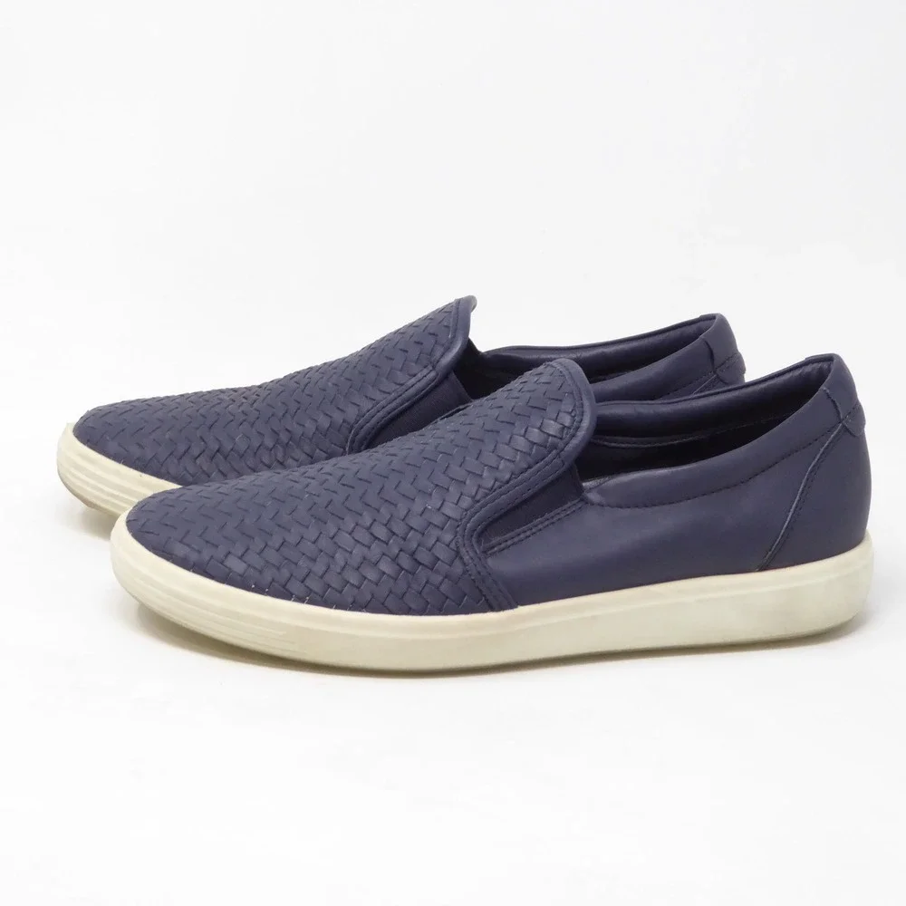 ECCO Womens Soft 7 Slip On Shoes Blue Woven Leather Sneakers 39 / 8-8.5